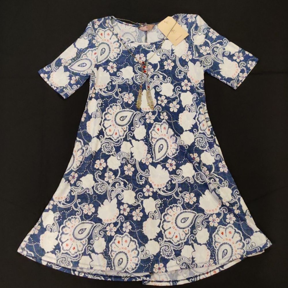 SJS Blue and White Dress w Attached Gold Necklace